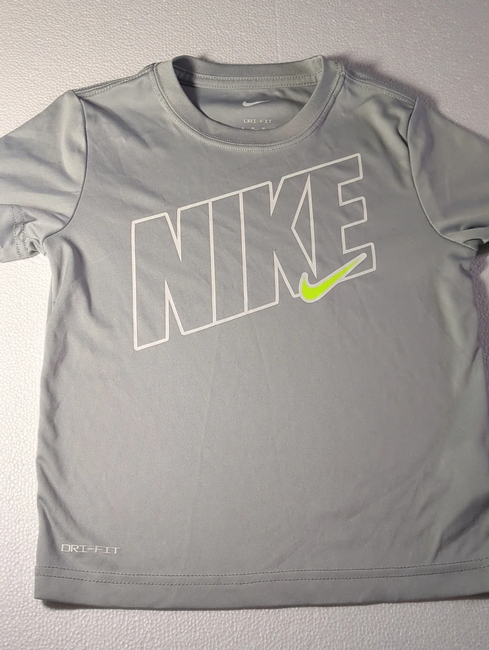 Nike Kids Light Gray Short Sleeve Dri-FIT Tee with Neon Swoosh 6T